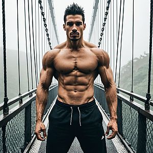 Muscular Man on Misty Suspension Bridge