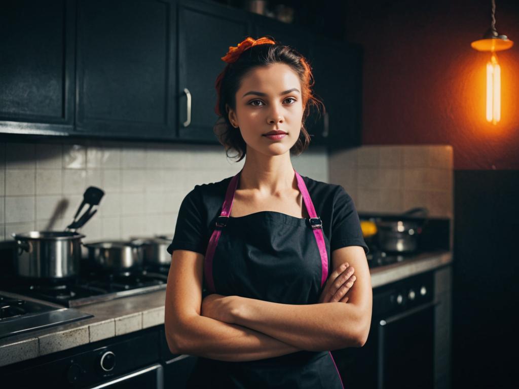 Confident Woman in Black Apron in Warm Kitchen