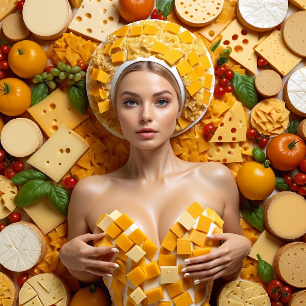 Woman in Cheese-Themed Outfit Surrounded by Colorful Foods