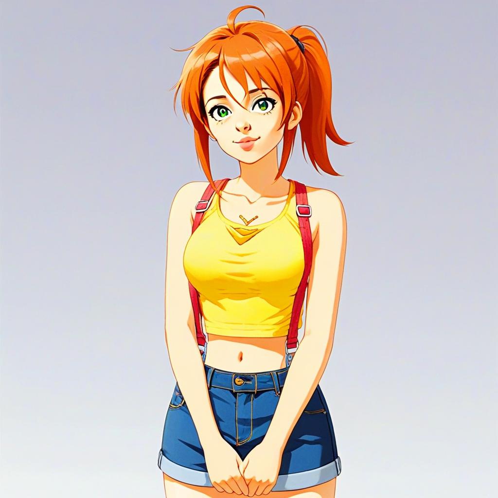 Anime Girl with Orange Hair in Yellow Crop Top and Denim Shorts Illustration