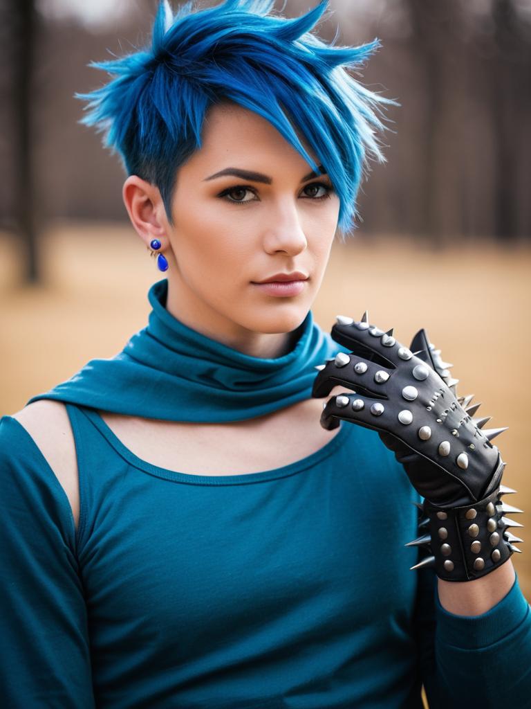 Portrait of Woman with Blue Hair and Spiked Leather Gloves in Punk Style