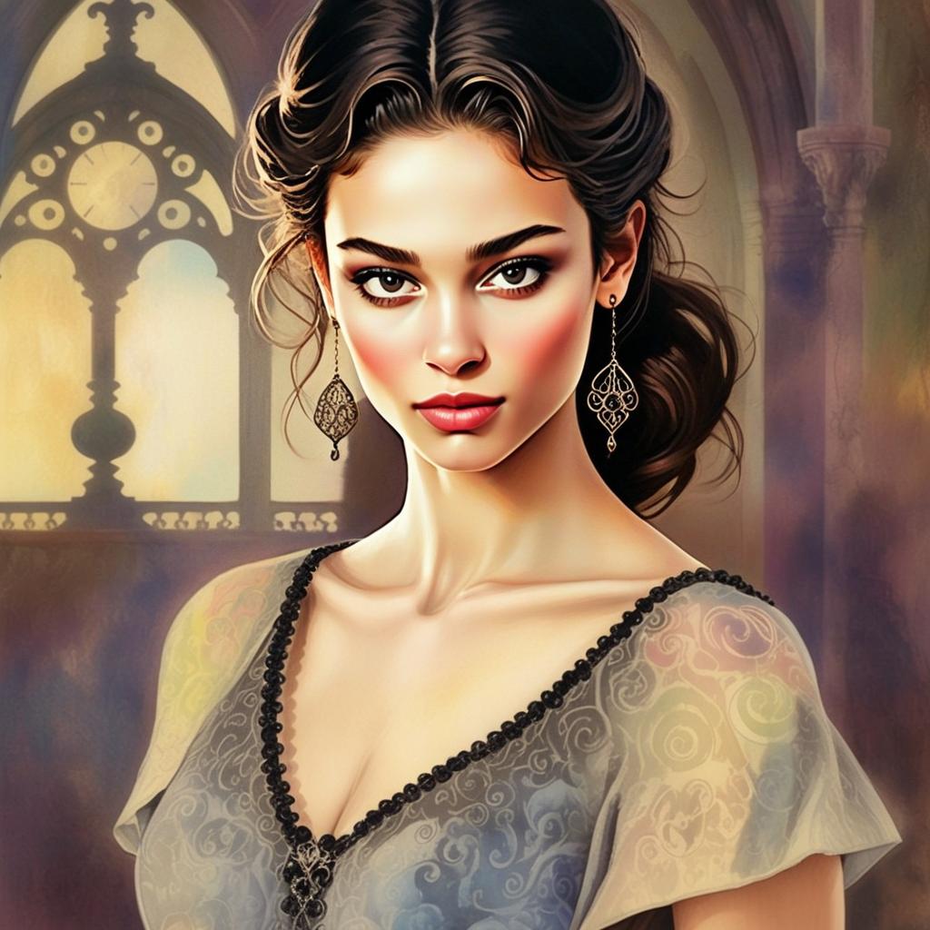 Elegant Digital Portrait of a Woman with Dark Hair and Drop Earrings