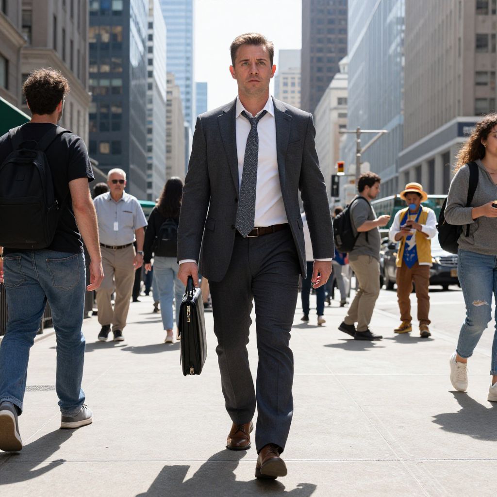 Businessman Walking with Briefcase in Busy City Street