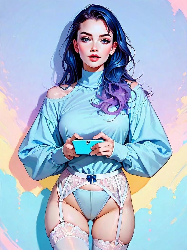 Realistic Digital Art of Woman in Velvet Playsuit with Blue Hair and Lace Lingerie