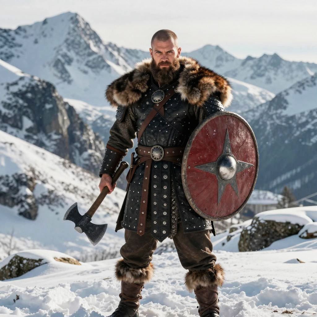 Viking Warrior in Snowy Mountain Landscape Holding Axe and Shield