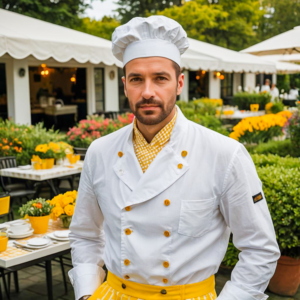 Male Chef in White Uniform with Yellow Accents in Outdoor Garden Restaurant