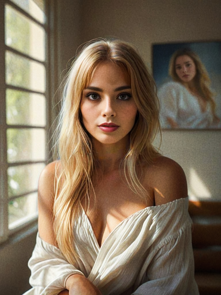 Blonde Woman in White Blouse by Window Blonde Woman in White Blouse by Window