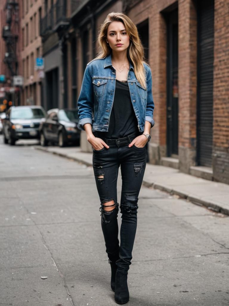 Edgy woman in denim walking on urban street