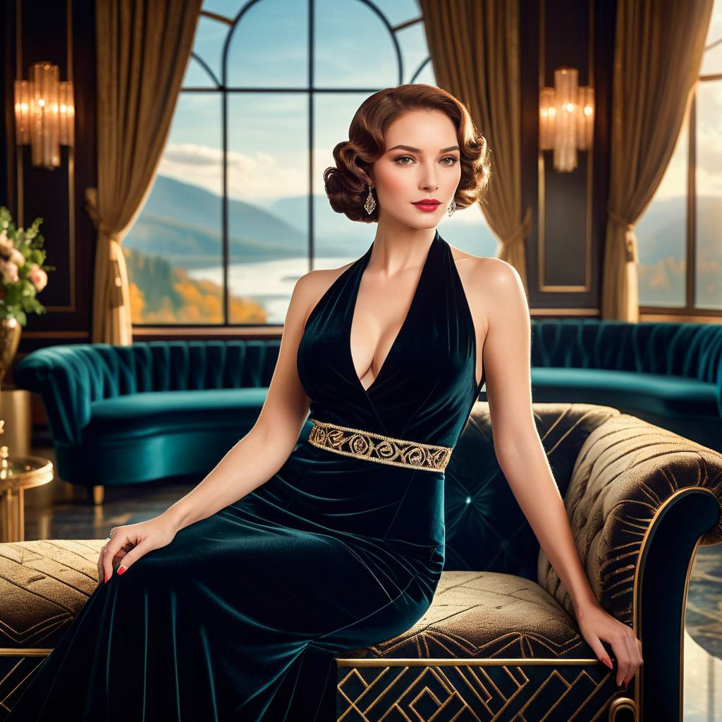 Elegant Woman in Green Velvet Gown on Luxurious Sofa Elegant Woman in Green Velvet Gown on Luxurious Sofa