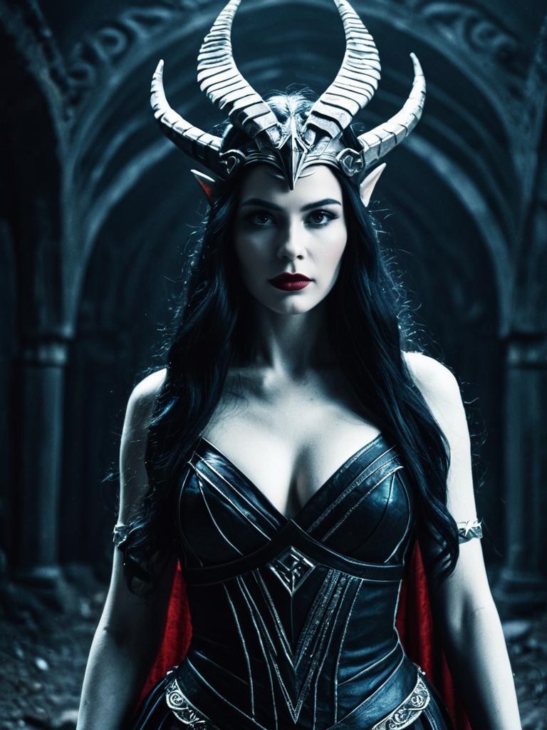 Woman in Lilith Goddess Costume in Cinematic Fantasy Setting