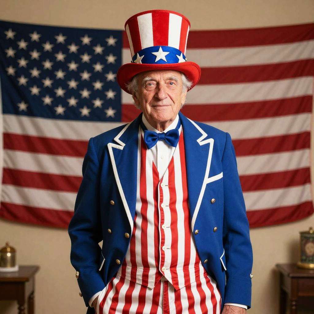 Patriotic Elderly Man in Classic Uncle Sam Costume with American Flag