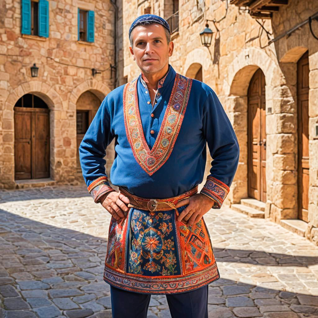 Man in Traditional Attire on Cobblestone Street