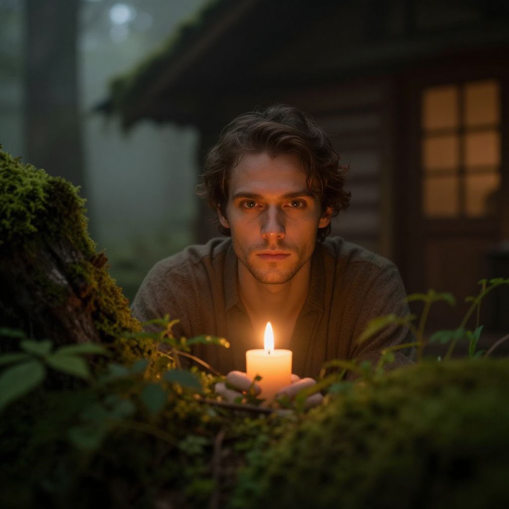 Moody Portrait of Man Holding Candle Near Cabin in Forest