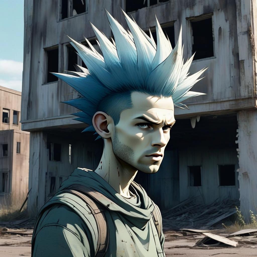 Anime Style Man with Blue Spiky Hair in Abandoned Urban Setting