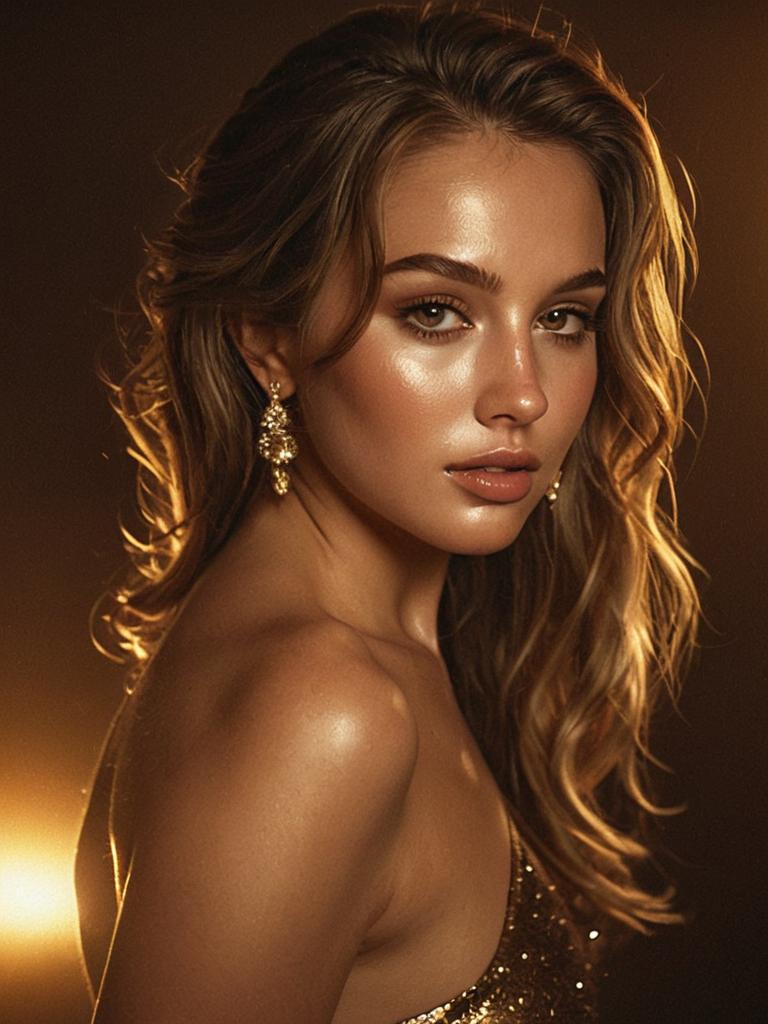 Glamorous Woman with Radiant Skin and Golden Earrings in Warm Lighting