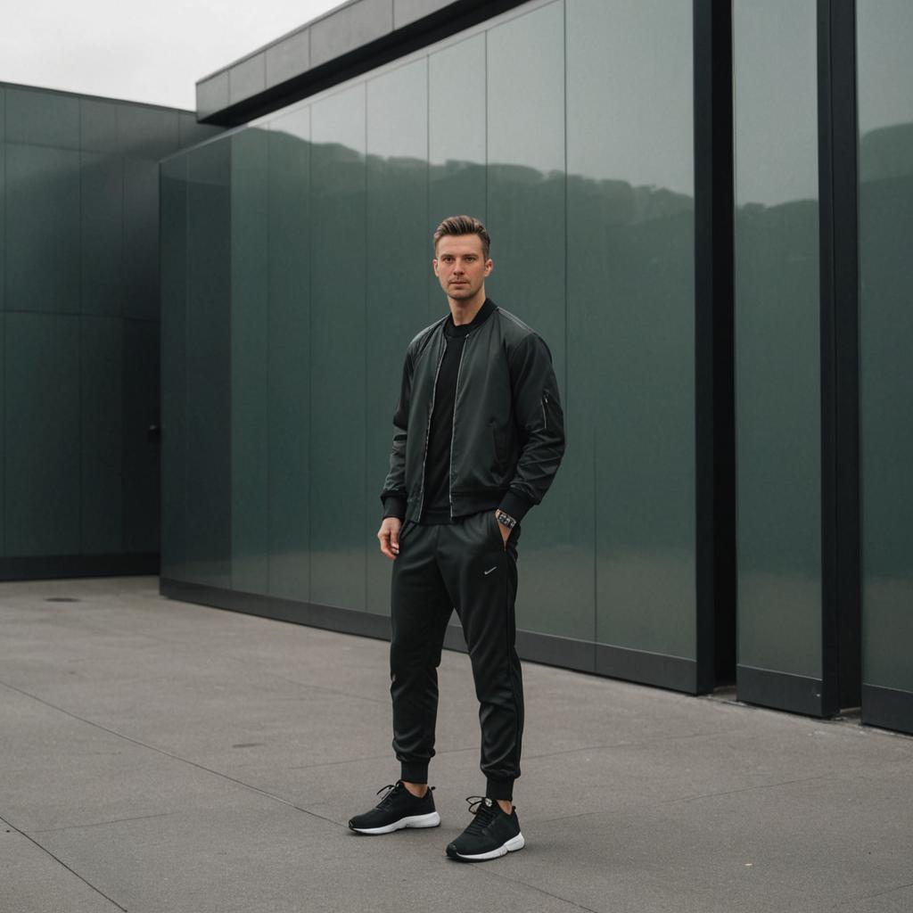 Man in Stylish Black Tracksuit in Modern Urban Setting