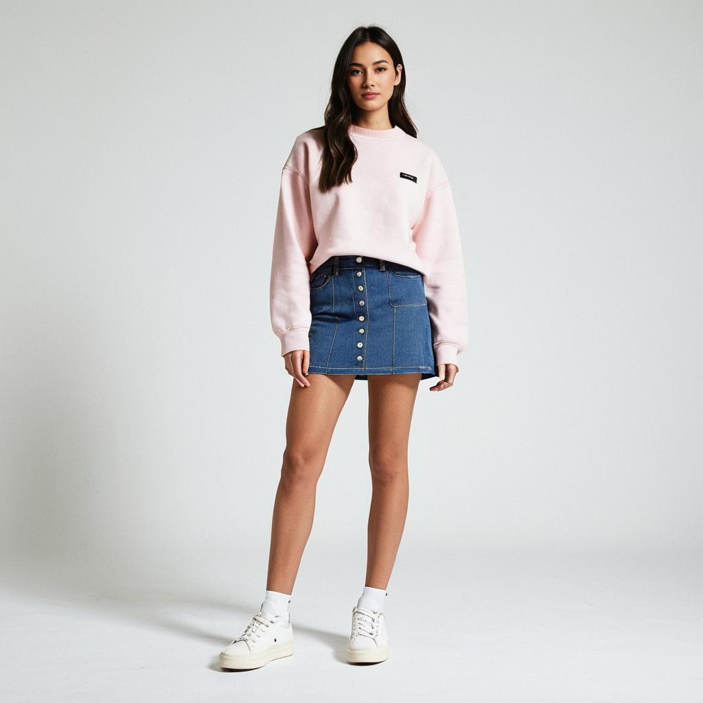 Woman Casual Everyday Pastel Pink Crewneck Sweatshirt with Denim Button Front Mini Skirt