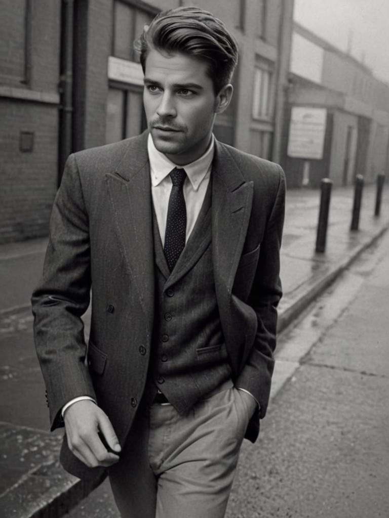 Stylish Man in 1950s Suit Walking in Alley