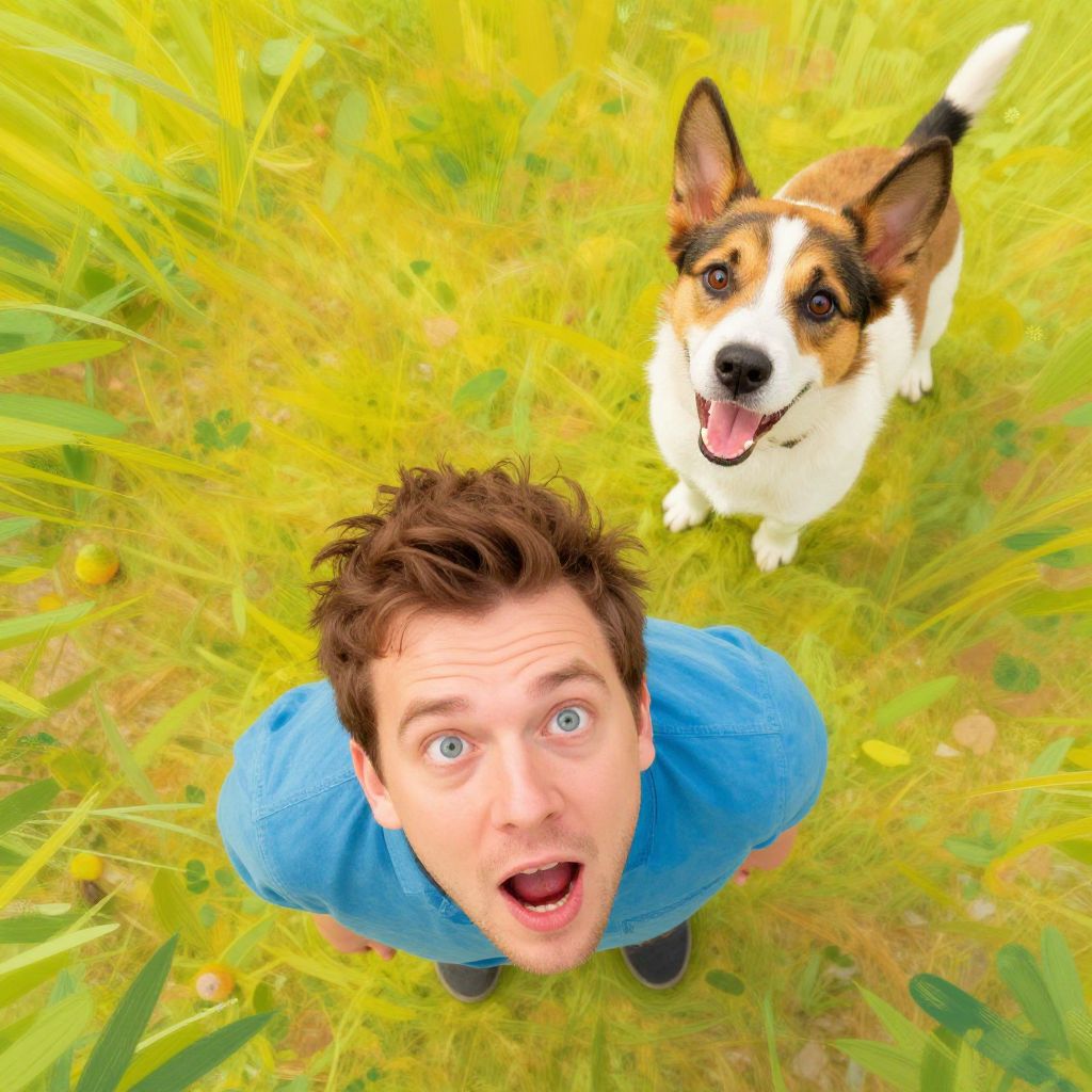 Surprised Man and Happy Dog Looking Up in Green Field
