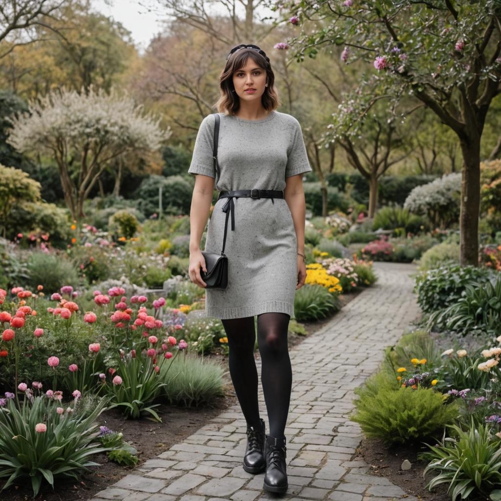 Thoughtful Woman in Trendy Grey Dress in Vibrant Garden