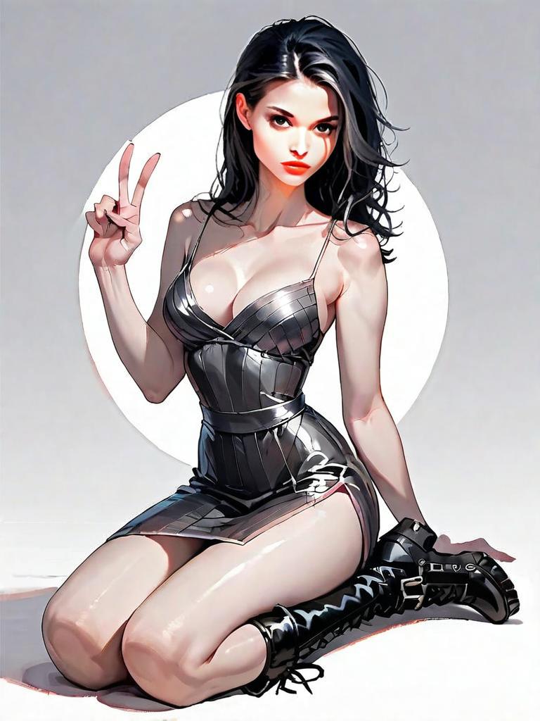 Realistic Comic Style Woman in Metallic Dress Full Body Illustration