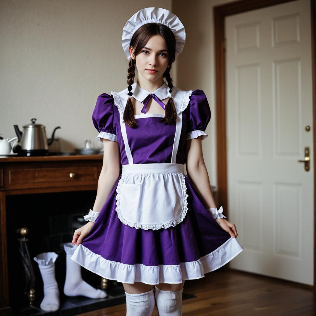 Young Woman in Classic Purple Maid Costume with White Apron and Headdress