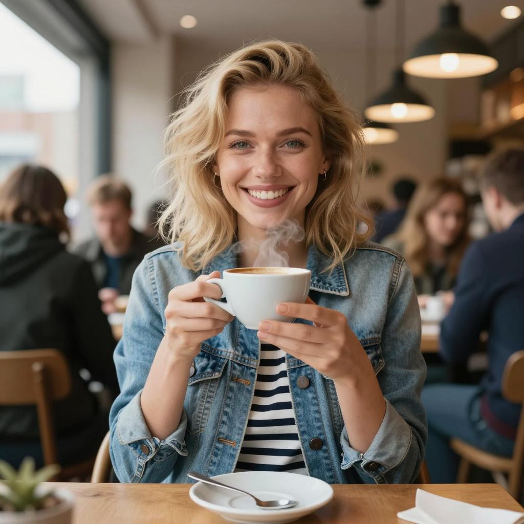 Smiling Gen Z Woman Drinking Coffee in Cozy Café