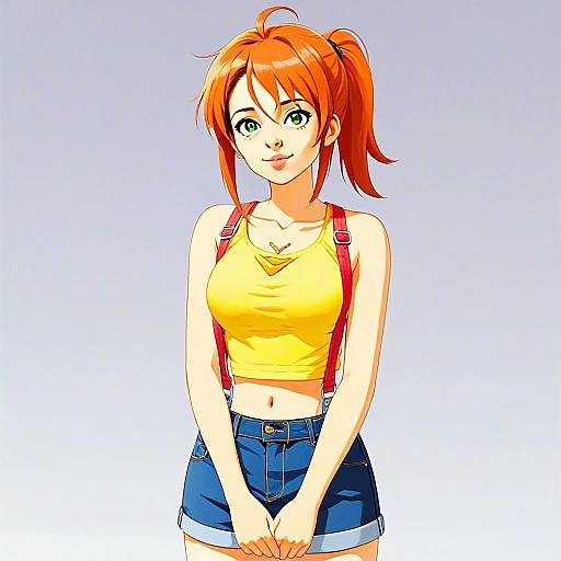Anime Girl with Orange Hair in Yellow Crop Top and Denim Shorts Illustration