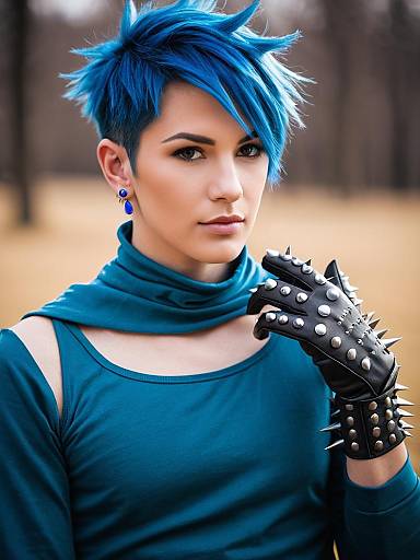 Portrait of Woman with Blue Hair and Spiked Leather Gloves in Punk Style