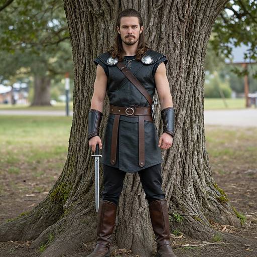 Medieval Warrior Man in Leather Armor Holding Sword Outdoors