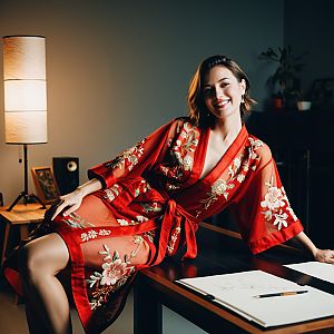 Smiling Woman in Elegant Red Robe