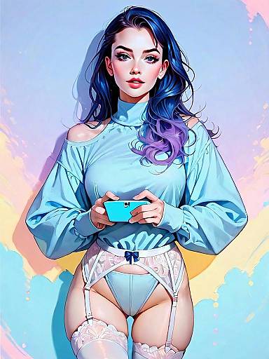 Realistic Digital Art of Woman in Velvet Playsuit with Blue Hair and Lace Lingerie