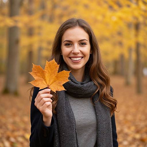 Young Woman Holding Maple Leaf in Autumn Forest