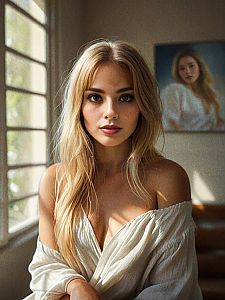 Blonde Woman in White Blouse by Window