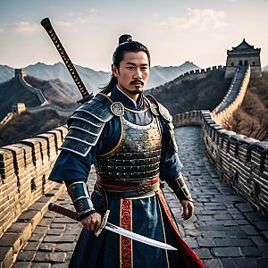 Chinese Warrior on Great Wall with Sword