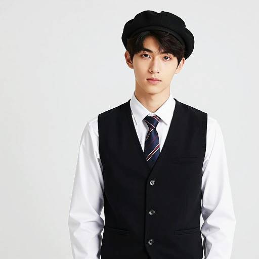 Young Man Wearing Beret and Formal Vest with Tie