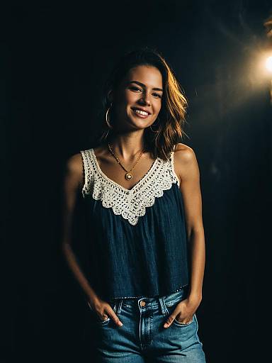 Smiling Woman in Casual Bohemian Navy Blue Sleeveless Top with Eyelet Lace Detailing