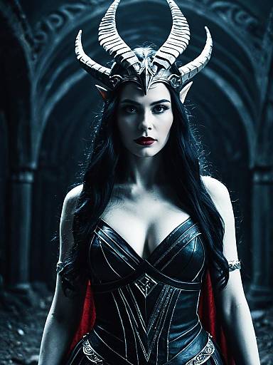 Woman in Lilith Goddess Costume in Cinematic Fantasy Setting