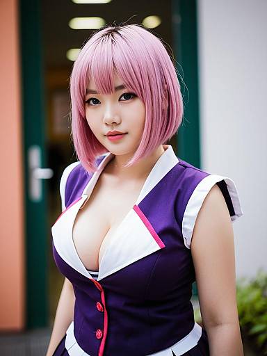 Woman with Pink Bob Hair in Purple and White Fashion Outfit