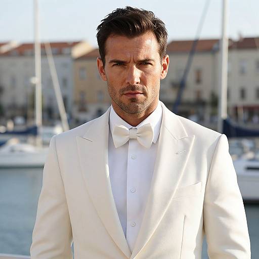 Man in White Tuxedo with Bow Tie at Marina