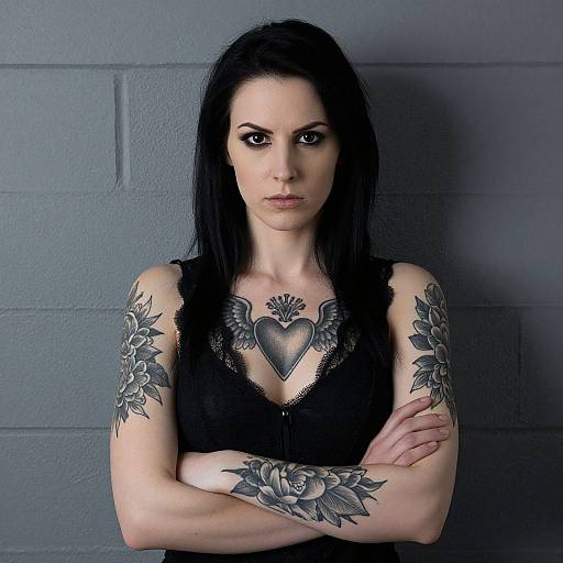 Confident Woman with Floral and Winged Heart Tattoos in Black Lace