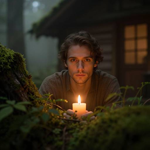 Moody Portrait of Man Holding Candle Near Cabin in Forest