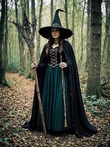 Woman in Woodland Witch Costume Full Body Cosplay Photo with Staff