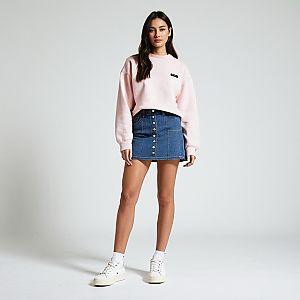 Woman Casual Everyday Pastel Pink Crewneck Sweatshirt with Denim Button Front Mini Skirt