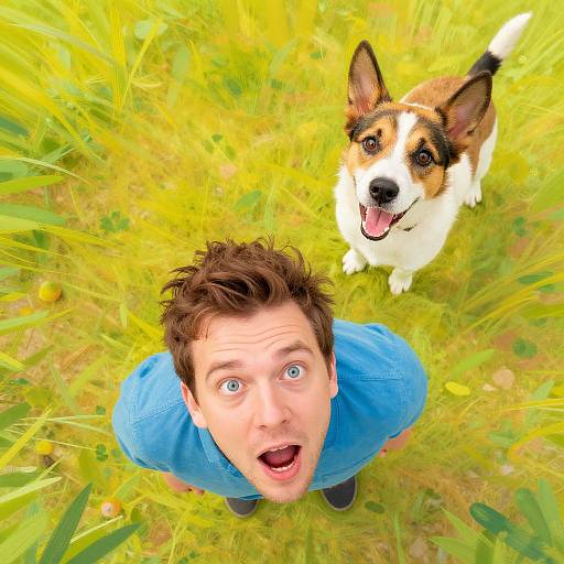 Surprised Man and Happy Dog Looking Up in Green Field