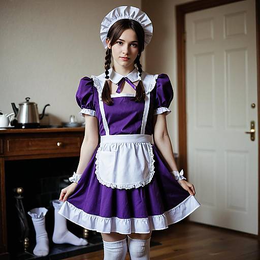 Young Woman in Classic Purple Maid Costume with White Apron and Headdress