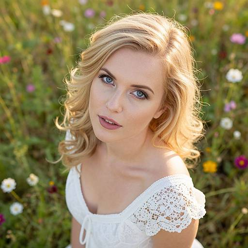 Blonde Woman in White Lace Dress in Flower Field