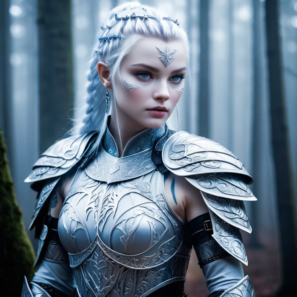 Woman in Silver Armor in Mystical Forest