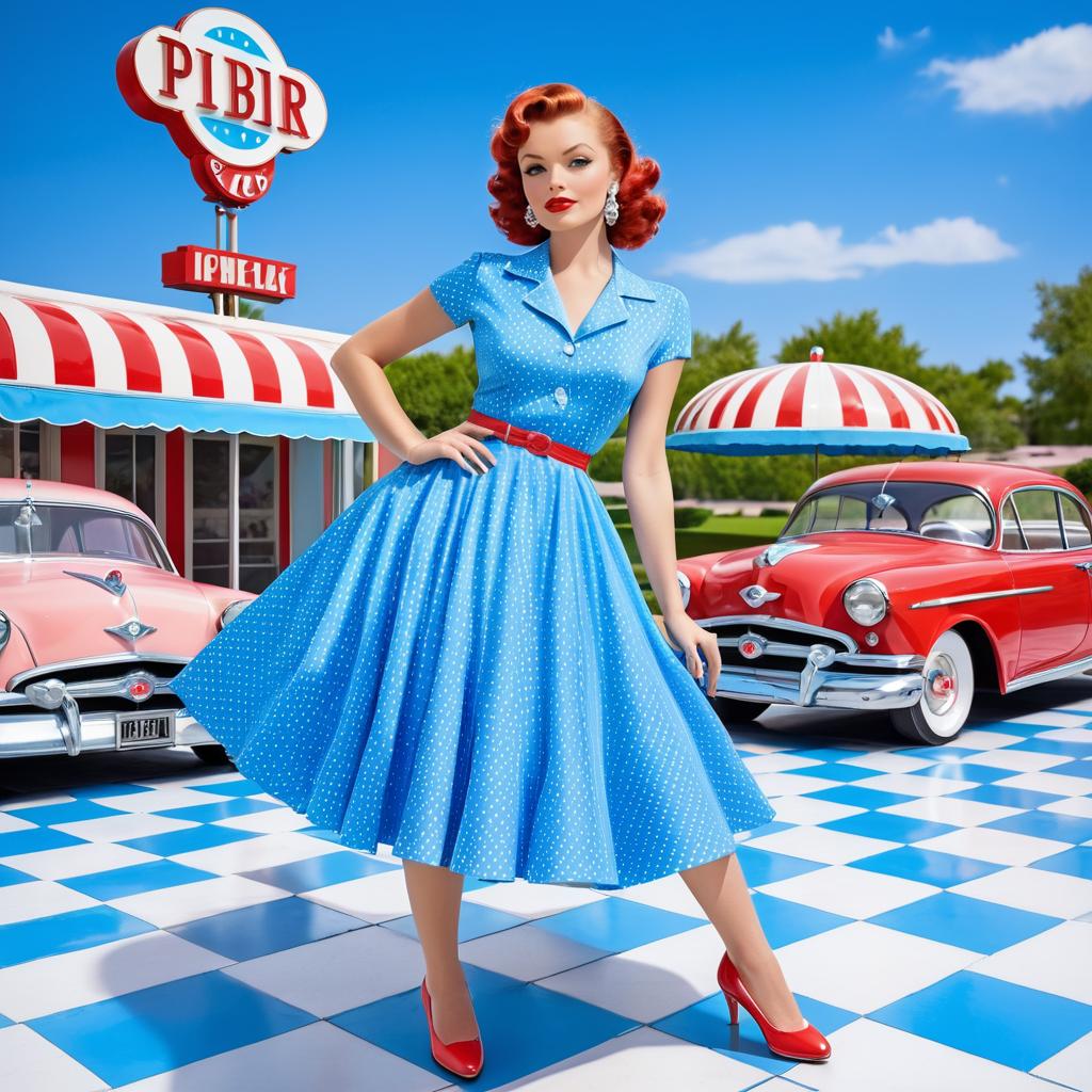 Retro Woman in Polka Dot Dress at Diner