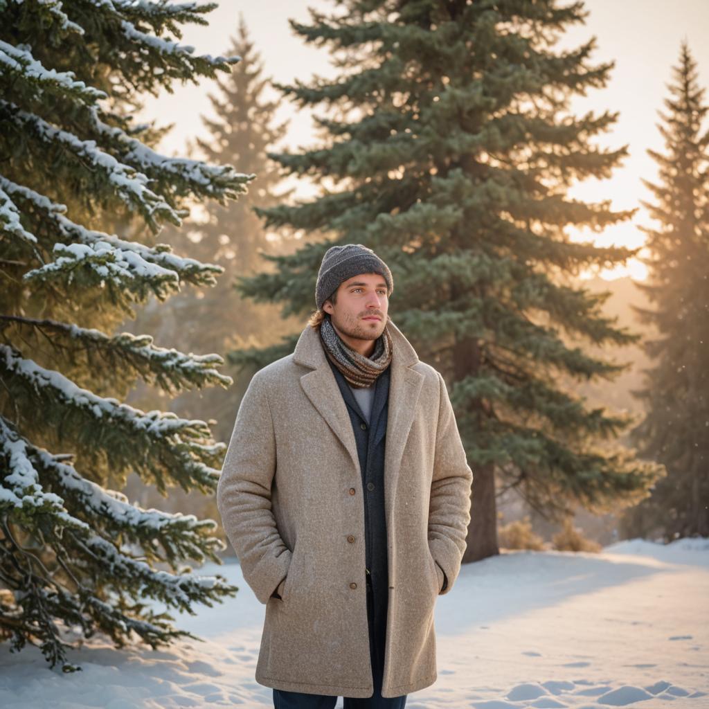 Contemplative man in snowy winter sunset